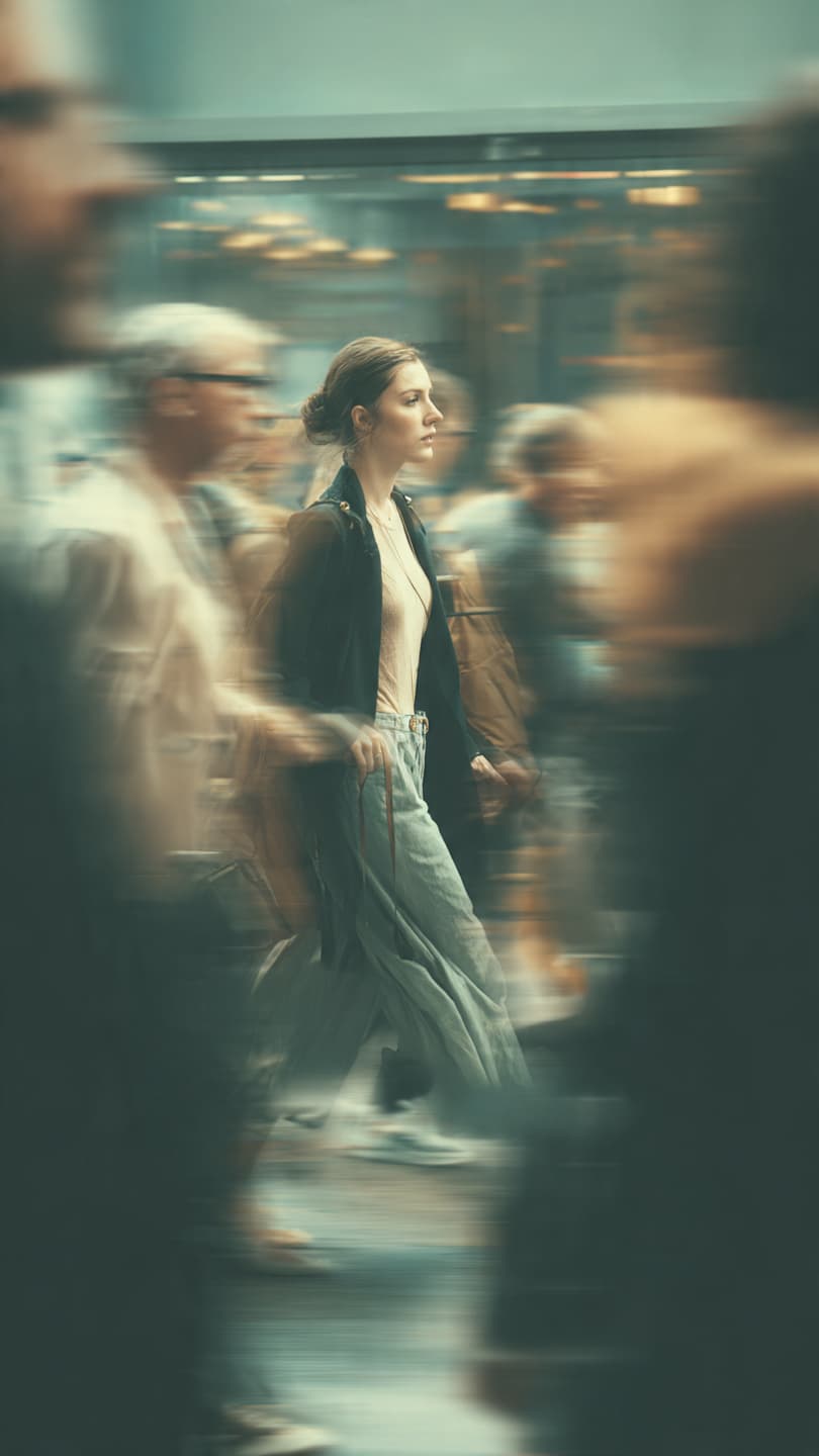 A panning photo of a female model mid walk - Output 3