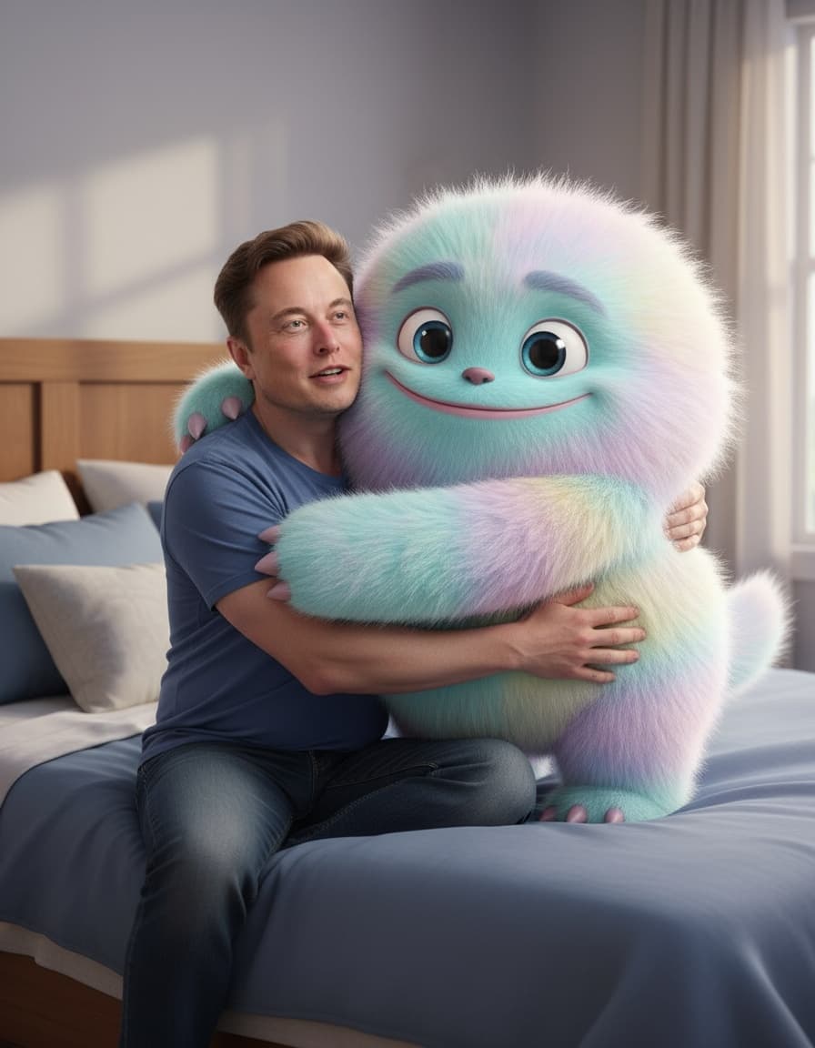 Sitting next to a giant fluffy cute cartoon monster