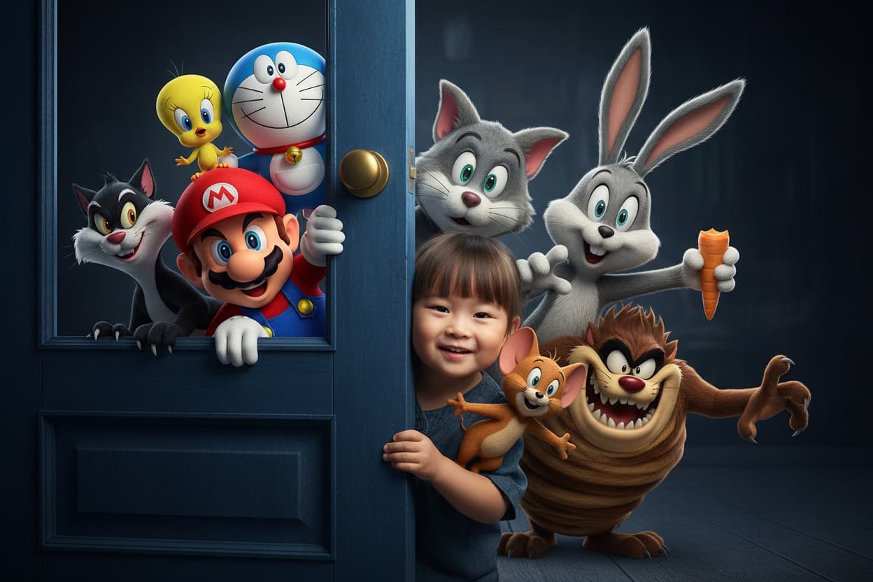 Child Peeking with Photorealistic Cartoon Crew