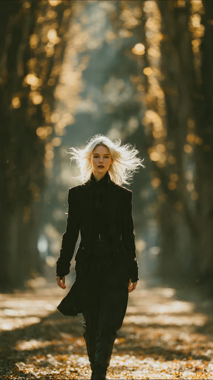 Golden Hour Maple Walk: Emotive Motion Blur Portrait