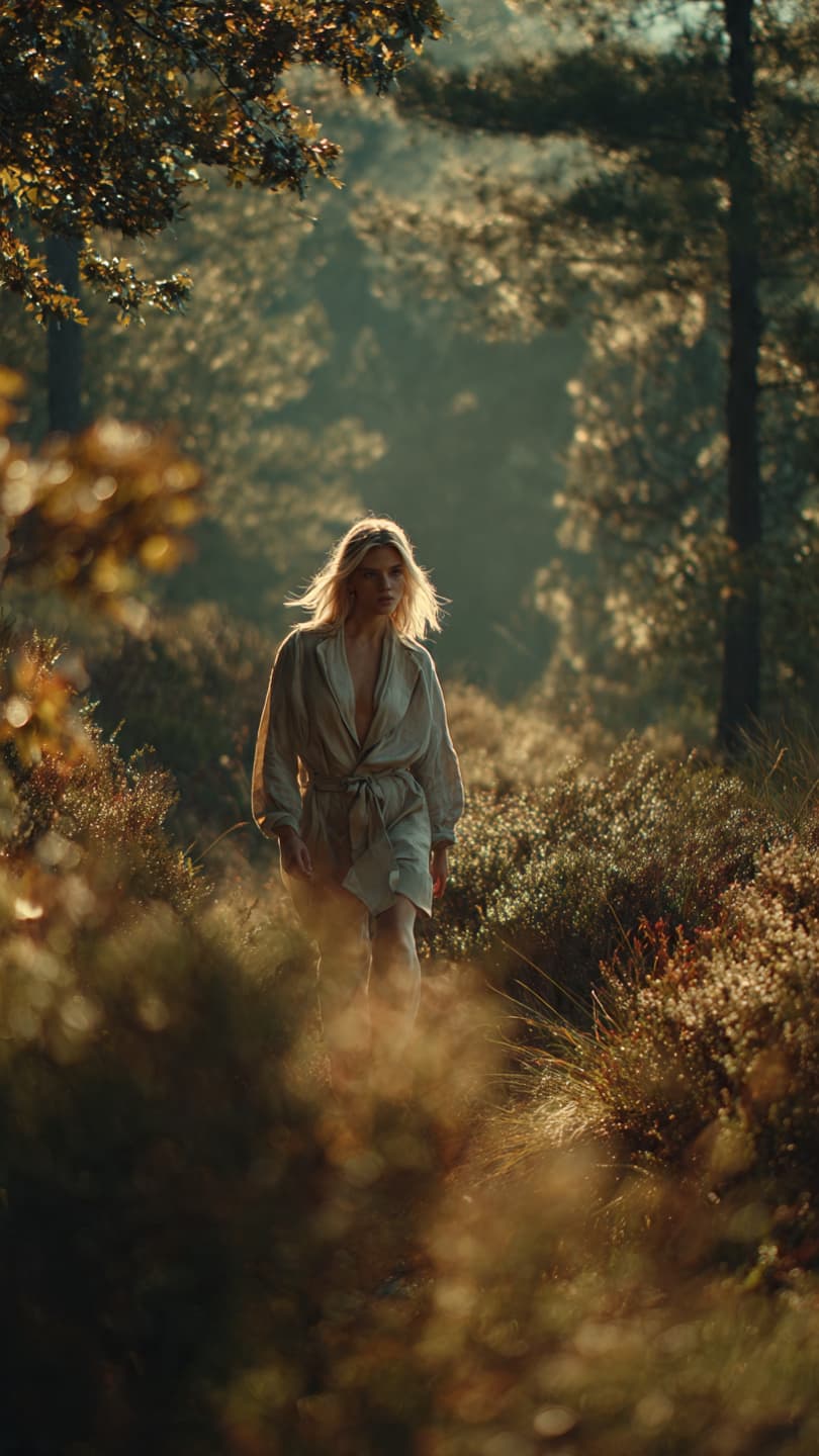 Golden Hour Maple Walk: Emotive Motion Blur Portrait - Output 4