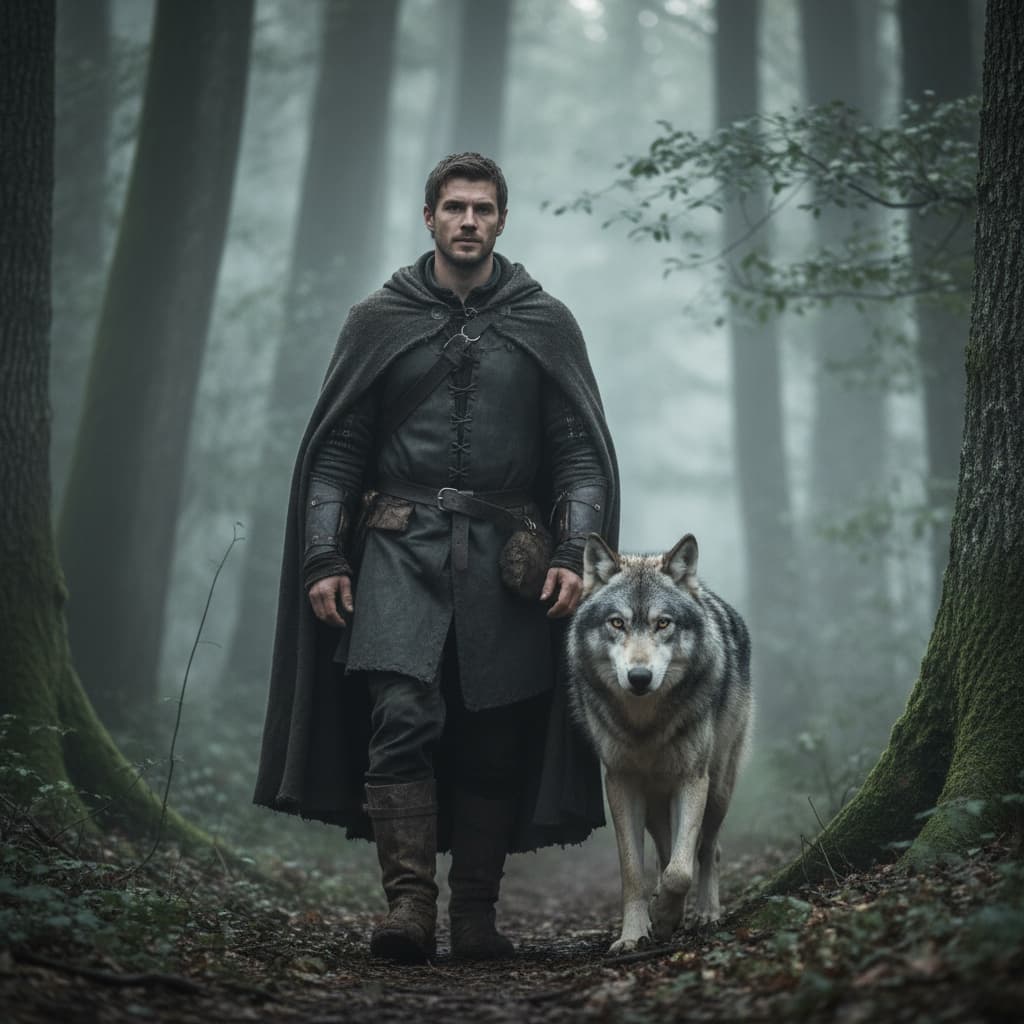 Misty Woods: Man and Wolf Companion