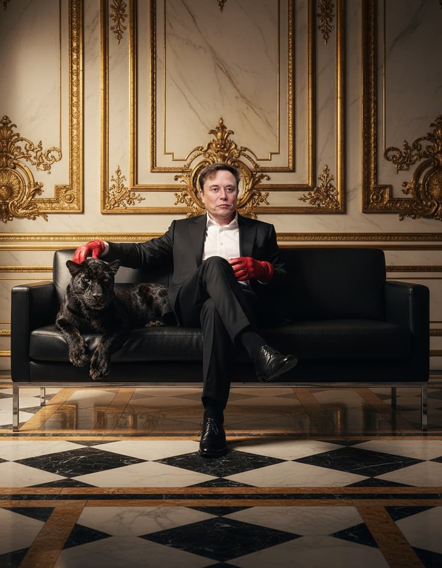 Man in black suit, red gloves, with leopard