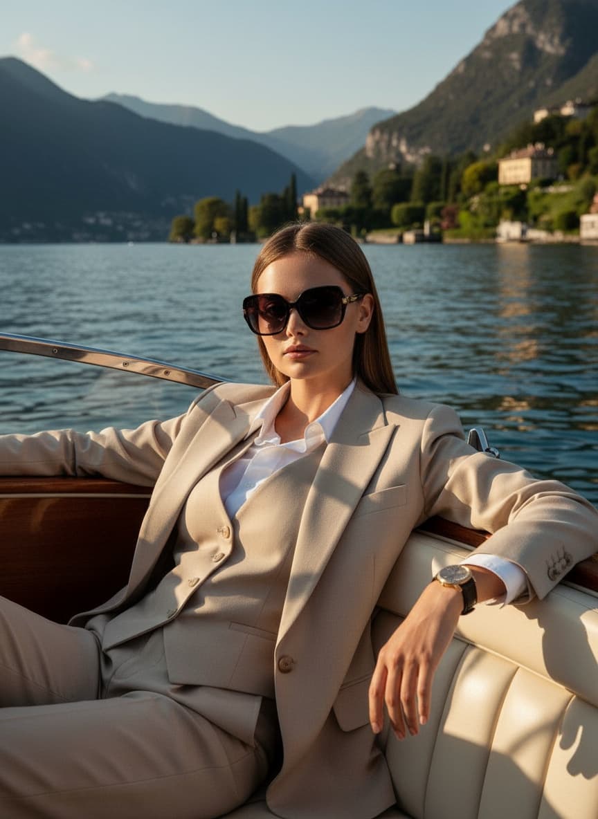 Luxury boat woman portrait, European lakeside elegance