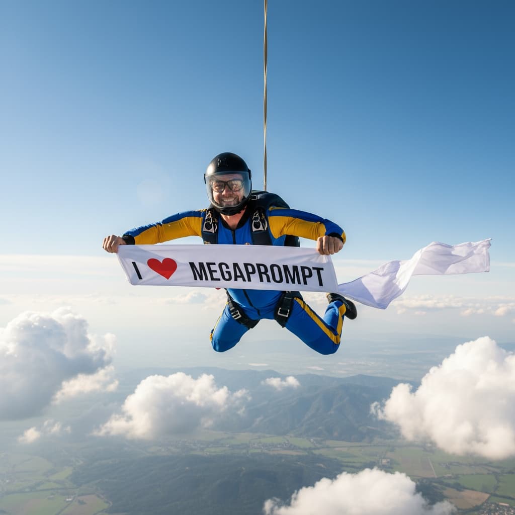 Skydiving Man Holds "I LOVE MEGAPROMPT" Banner