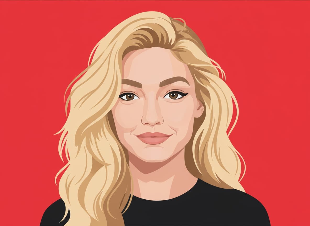 Friendly Woman, Curly Hair, Red Background, Flat Illustration