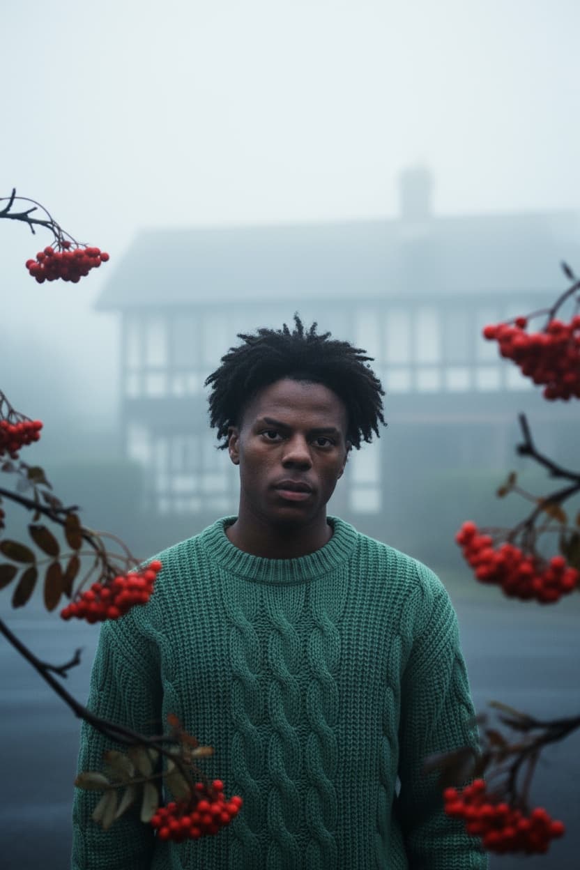 Moody Portrait: Man in Sea-Green Sweater, Rowan Berries